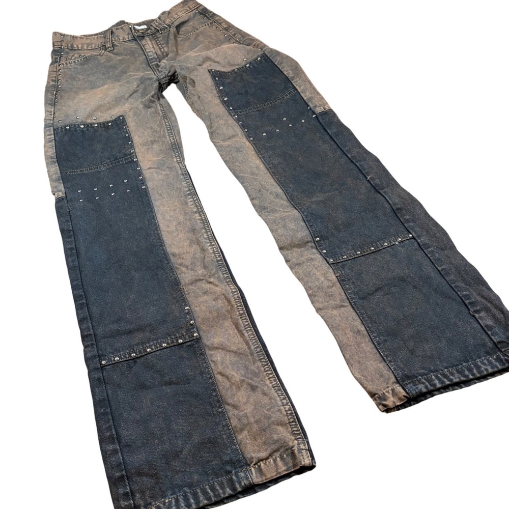 Studded Y2K Grunge‎ Mcbling Acid Wash Straight Leg Jeans Brown Blue Size 25
